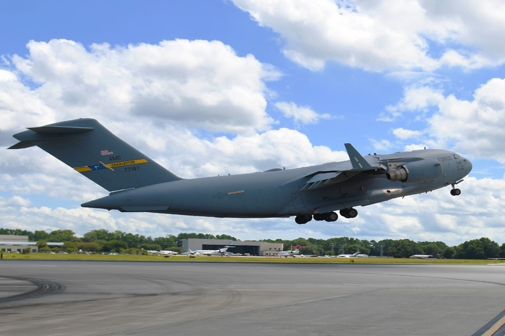 A U.S. Air Force C-17 Globemaster III departs Joint Base Charleston, S.C. carrying U.S. Army Soliders assigned to the 82nd Airborne Division, Pope Army Airfield, N.C., August 14, 2021. U.S. military will be assisting in the safe and secure movement of U.S. personnel and Afghan Special Immigration Visa civilian. (U.S. Air Force photo by Airman 1st Class Jade Dubiel)