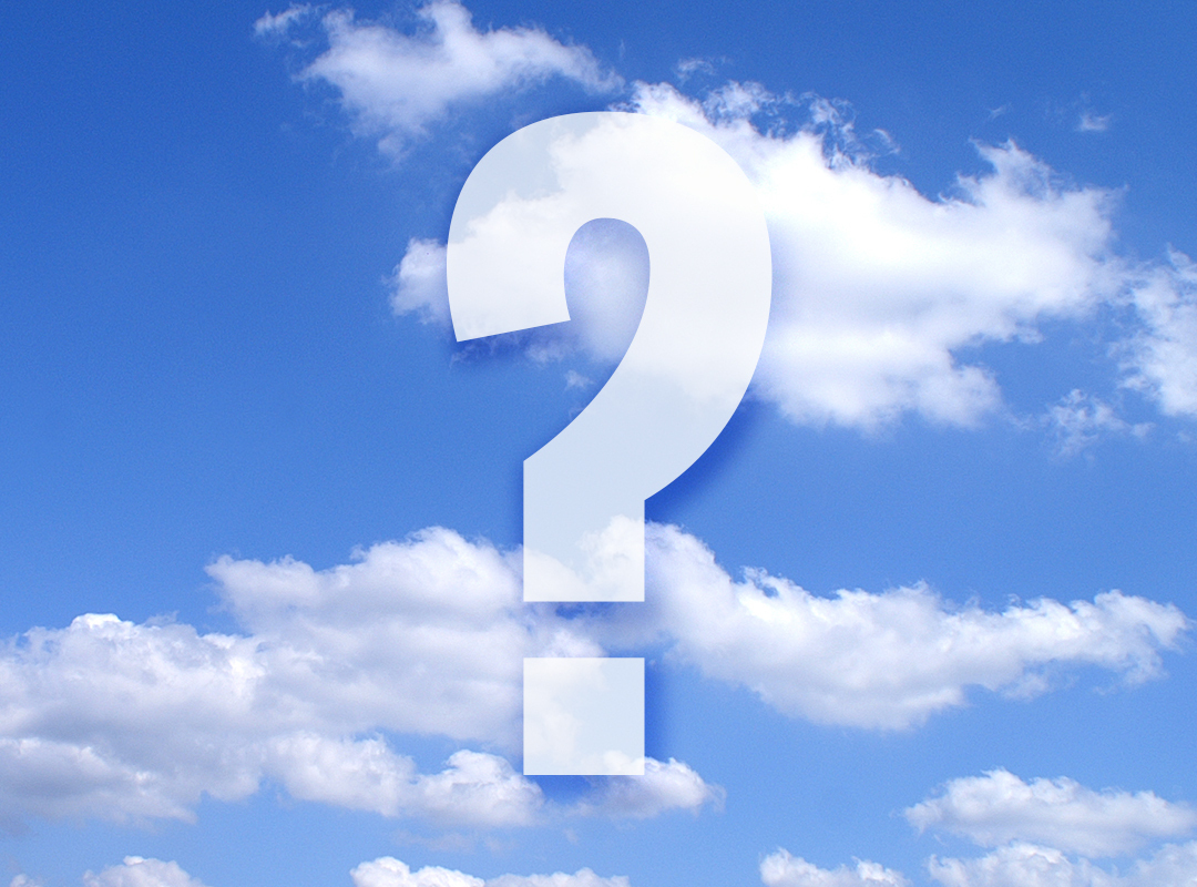 Large white question mark against a blue sky with clouds, used as a placeholder for a surprise performer announcement at the Dayton Air Show.