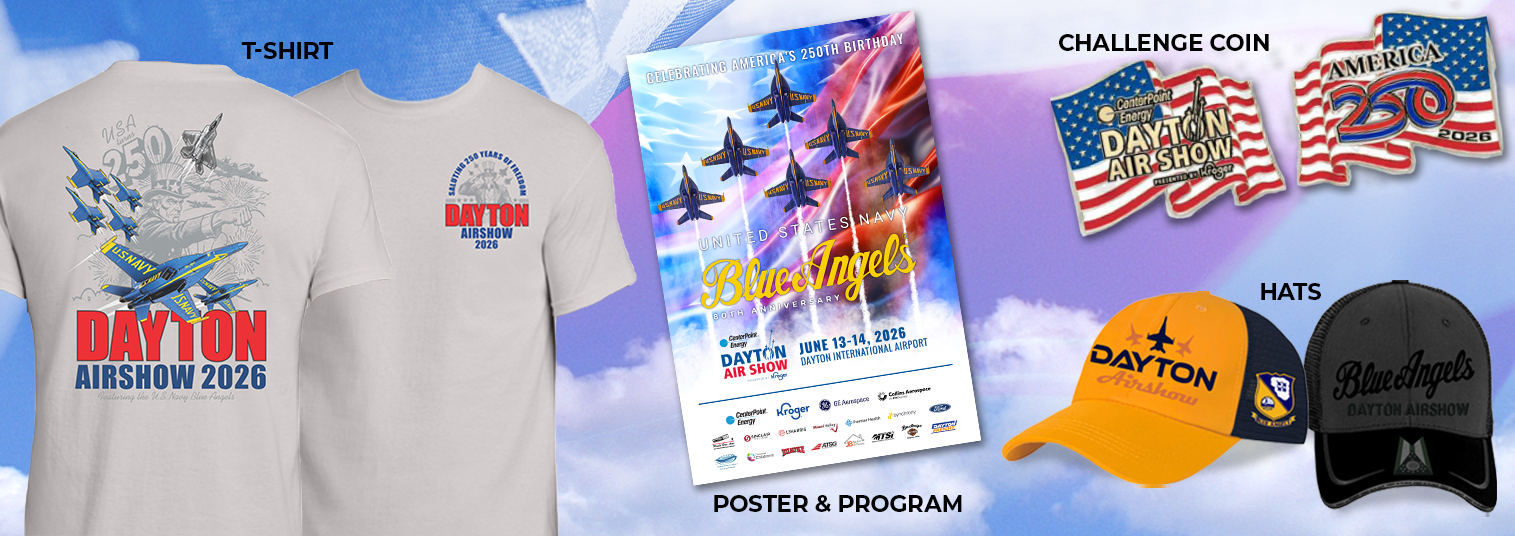 Image showing official Dayton Air Show 2026 merchandise, including T-shirts, a commemorative poster and program, challenge coins, and branded hats.