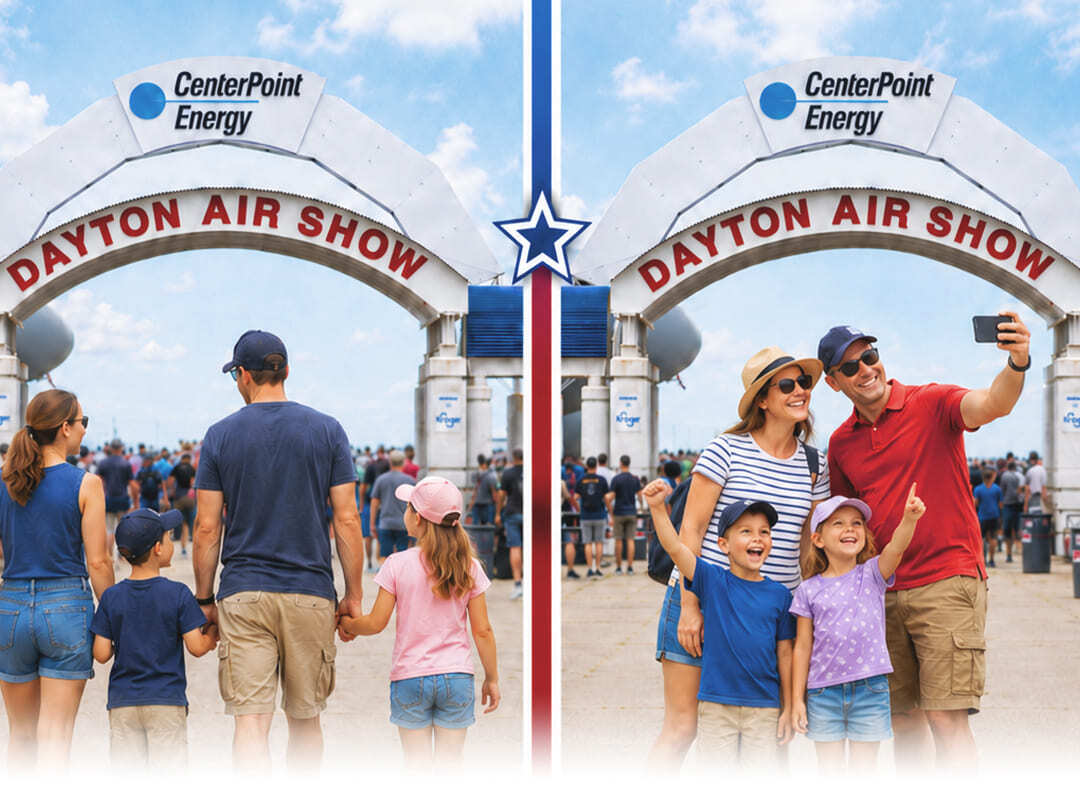 Families arrive and take selfies beneath the CenterPoint Energy Dayton Air Show entrance arch in a patriotic promotional graphic for the America 250 Weekend Special, offering two days of General Admission for $50.