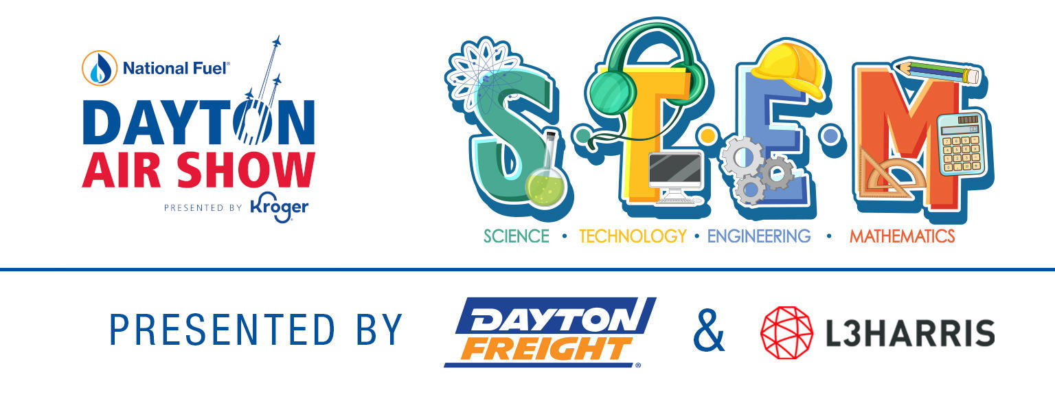 Dayton Air Show STEM program banner featuring colorful Science, Technology, Engineering, and Mathematics graphics, presented by Dayton Freight and L3Harris, with National Fuel and Kroger air show branding.